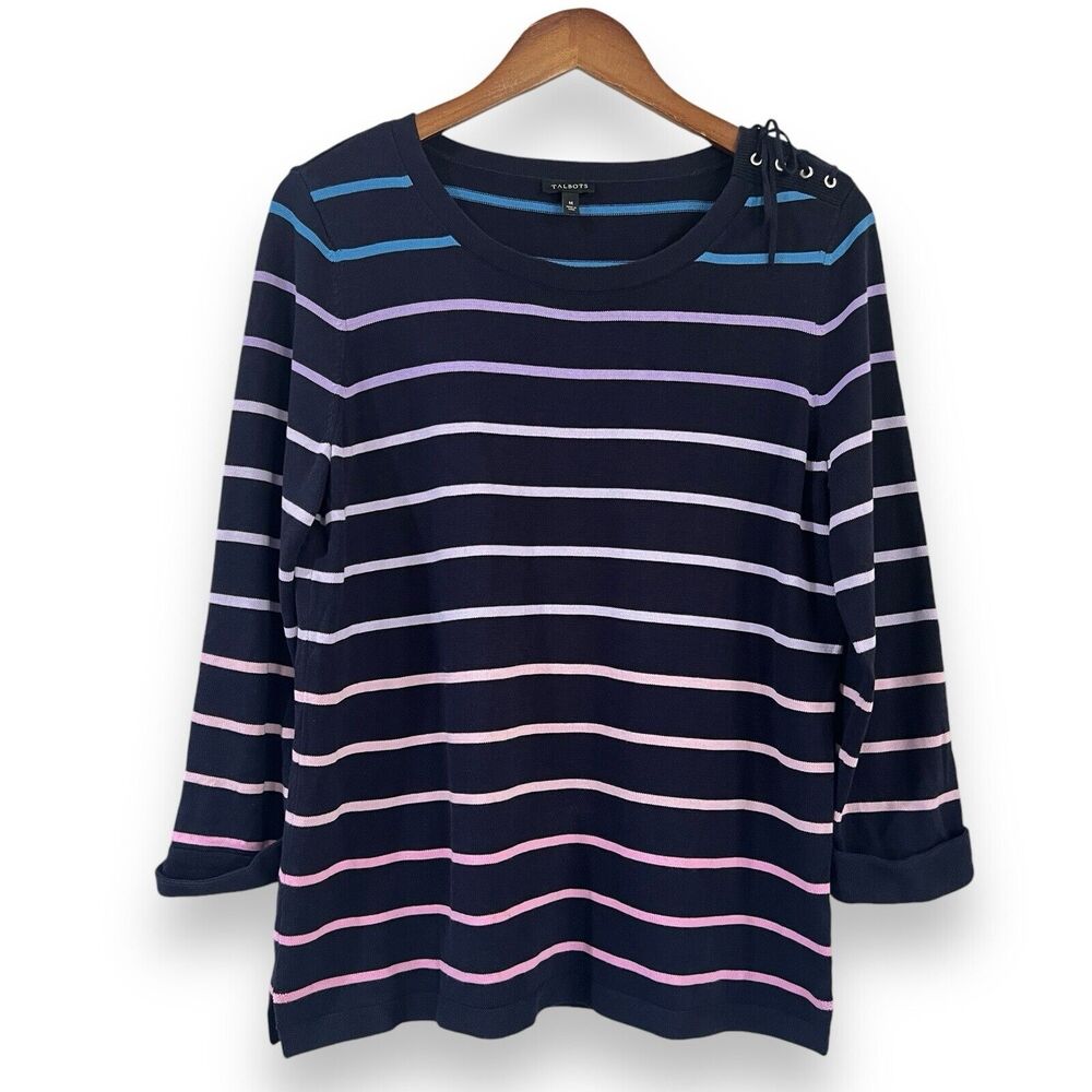 Talbots Navy Ombre Rainbow Stripe Sweater M Lace-Up Shoulder Coastal Boho